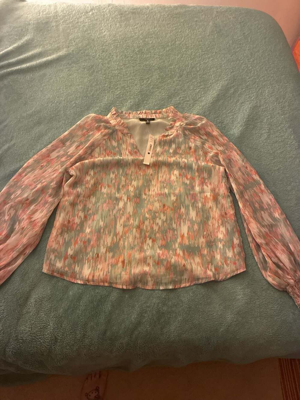 AQUA Women's Split Neck Metallic Printed Long Sleeve Blouse, Turquoise Multi